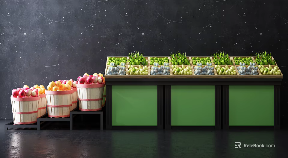 Display Shelves With Fresh Green Vegetables And Fruit Filled Wooden Baskets In Retail Market 3d model 