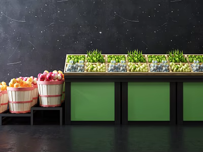 Display Shelves With Fresh Green Vegetables And Fruit Filled Wooden Baskets In Retail Market 3d model