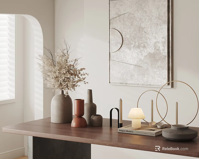 Minimalist Decorative Ornament Set With Vases Geometric Pieces And Table Lamp On Wooden Table 3d model 