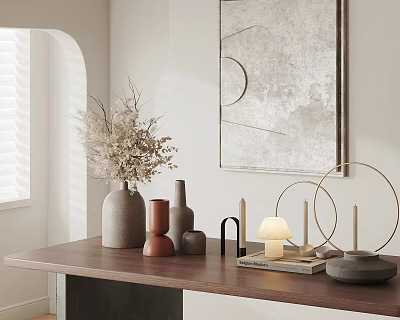 Minimalist Decorative Ornament Set With Vases Geometric Pieces And Table Lamp On Wooden Table 3d model