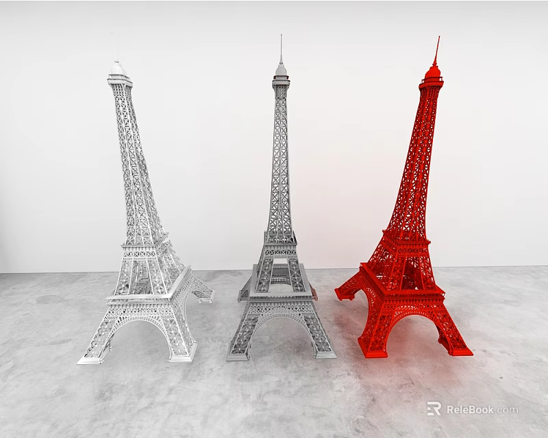 Eiffel Tower Dolls in White Gray Red Standing on Gray Floor with White Background 3d model 
