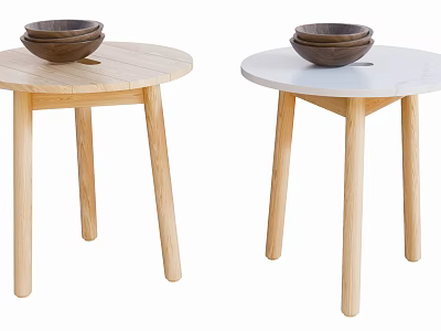 Modern Side Tables With Wooden And Marble Tops And Wooden Legs Featuring Wooden Bowls 3d model