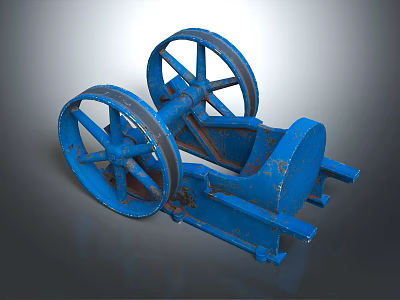 Blue Rusted Mechanical Equipment With Large Wheels And Metal Frame 3d model