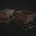Vintage Wooden Mine Carts On Rail Tracks One Filled With Ore