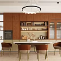 Elegant Modern Restaurant Interior With Wooden Cabinets Dining Table Chairs And Pendant Light