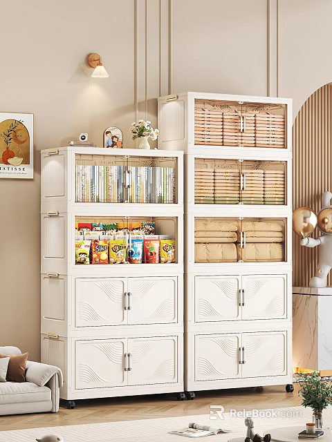 White Storage Cabinets In Interior With Books Food Packages Bamboo Boxes And Drawers 3d model 