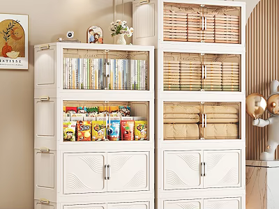 White Storage Cabinets In Interior With Books Food Packages Bamboo Boxes And Drawers 3d model