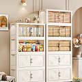 White Storage Cabinets In Interior With Books Food Packages Bamboo Boxes And Drawers