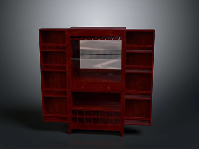 Dark Red Wooden Storage Cabinet With Glass Panel Multiple Shelves And Wine Rack 3d model