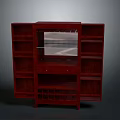 Dark Red Wooden Storage Cabinet With Glass Panel Multiple Shelves And Wine Rack