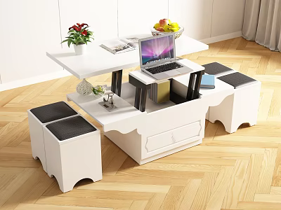 Modern White Multi functional Desk With Laptop Fruit Bowl Plant And Stools 3d model