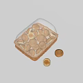Fresh Small Round Pastries in Transparent Plastic Container and Wicker Basket with Separate Pieces
