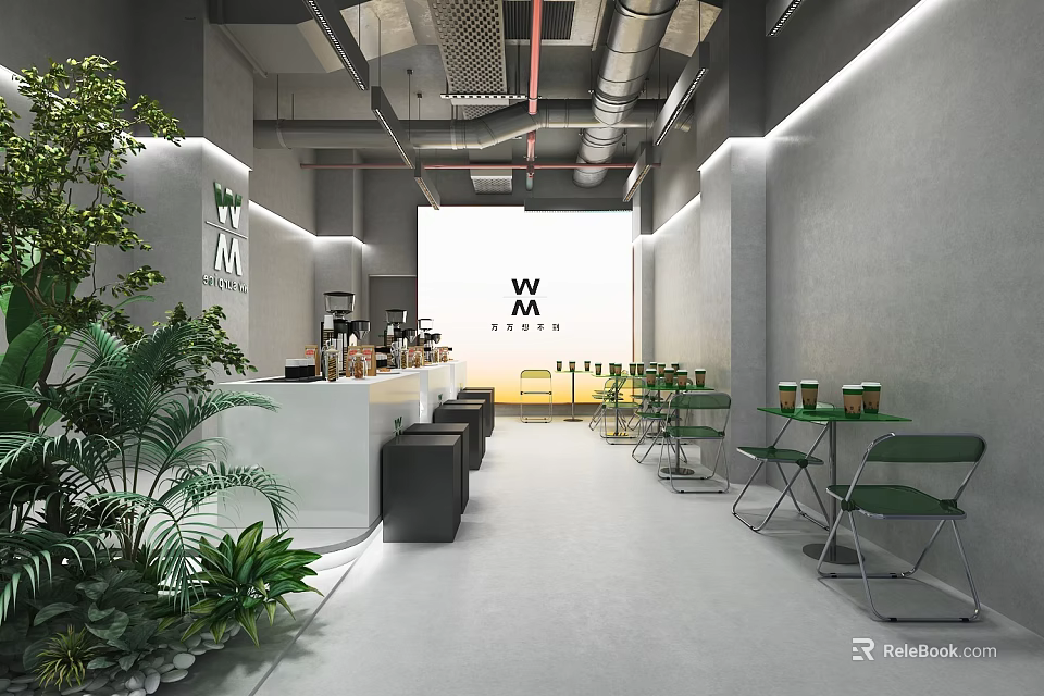 Modern Hotpot Restaurant Interior Featuring Green Plants White Counter Green Chairs And Exposed Pipes 3d model 