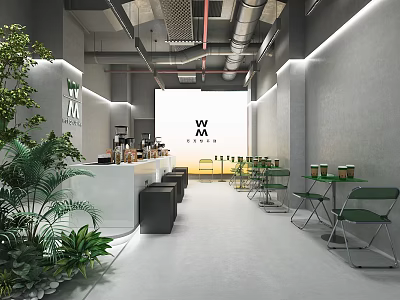 Modern Hotpot Restaurant Interior Featuring Green Plants White Counter Green Chairs And Exposed Pipes 3d model