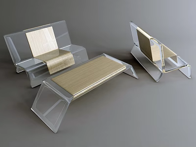 Modern Set of Public Chairs With Transparent Frame And Wooden Seat Design 3d model