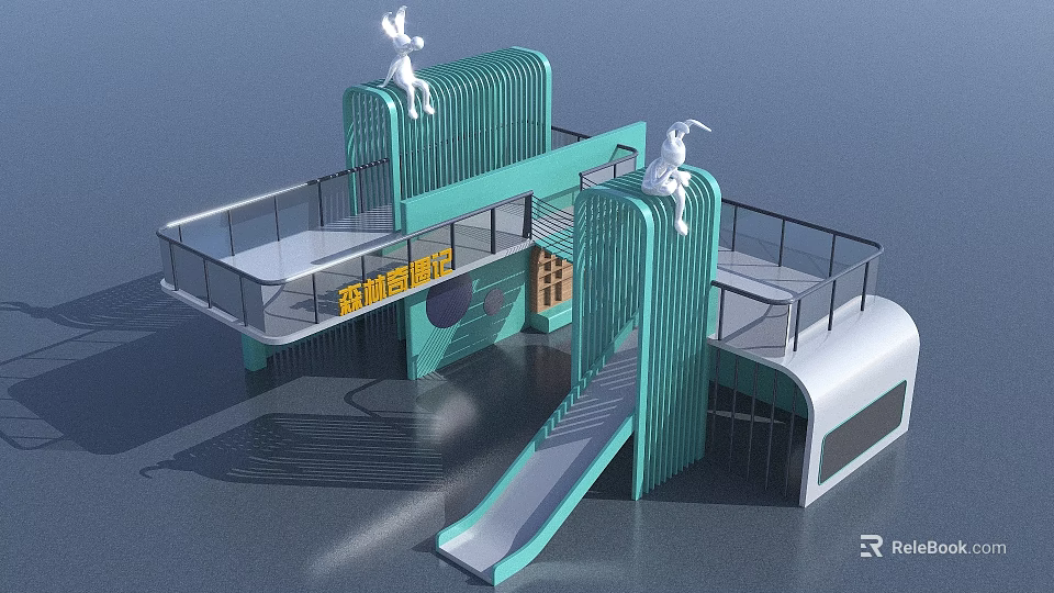 Modern Forest Adventure Playground Equipment with Green Structures Slide Platforms and White Rabbit Figures 3d model 