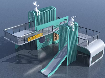 Modern Forest Adventure Playground Equipment with Green Structures Slide Platforms and White Rabbit Figures 3d model