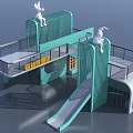 Modern Forest Adventure Playground Equipment with Green Structures Slide Platforms and White Rabbit Figures