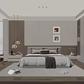 Modern Bedroom Interior Design With Neutral Tones Framed Artworks Pendant Light Bed And Armchair