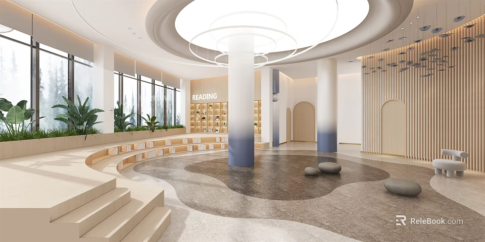 School Reading Area With Bookshelves Circular Ceiling White Pillars Stepped Seating And Green Plants 3d model 