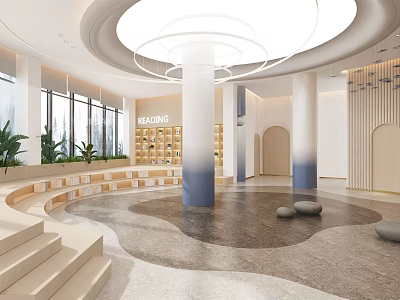 School Reading Area With Bookshelves Circular Ceiling White Pillars Stepped Seating And Green Plants 3d model