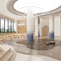 School Reading Area With Bookshelves Circular Ceiling White Pillars Stepped Seating And Green Plants