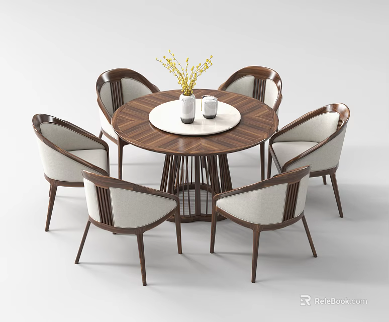 Elegant Round Dining Set with Six Light Colored Upholstered Chairs and Wooden Tabletop 3d model