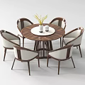 Elegant Round Dining Set with Six Light Colored Upholstered Chairs and Wooden Tabletop 3d model