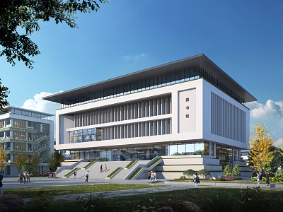 Modern School Building With Glass Facade Stone Steps Greenery And Students Around Campus 3d model