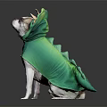 Cute Dog Sitting In Green Dinosaur Costume With Horns And Tail