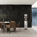 Modern Restaurant Interior with Black Stone Wall Round Dining Table Brown Chairs and Green Plants