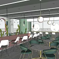 Modern Dessert Shop Interior With Green Pink Accents Chic Tables Chairs And Pendant Lights