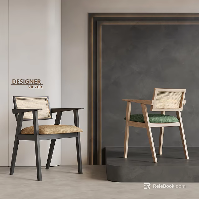 Modern Single Chairs With Rattan Backrest Black Light Wood Frames Beige Green Cushions Interior Design 3d model 