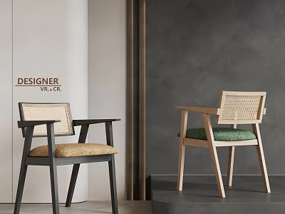 Modern Single Chairs With Rattan Backrest Black Light Wood Frames Beige Green Cushions Interior Design 3d model