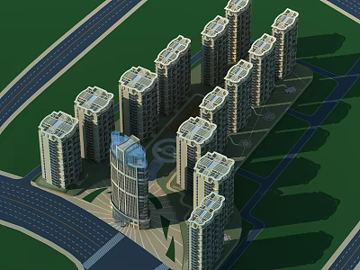 Aerial Planning of Urban Residential High Rise Buildings With Road Network And Green Spaces 3d model