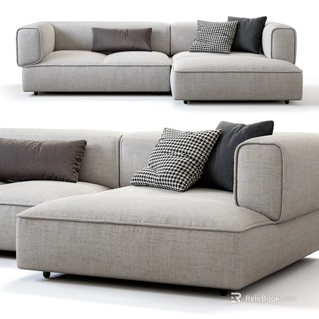Modern Light Gray Sectional Sofa with Dark Gray Checkered Cushions and L Shaped Design 3d model 