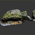Natural Rock Scene With Moss Covered Stones Dirt And Small Stream