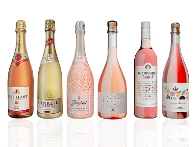 Different Types Of Wine Bottles And Glasses With Assorted Colors And Labels 3d model