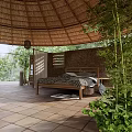 Hotel Room With Thatched Roof Wooden Bed Green Plants Stone Wall And Tiled Floor