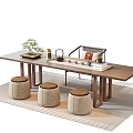 Modern Table and Chair Set With Round Stools Bench Tea Sets And Plants 3d model