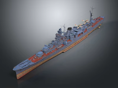 Detailed Naval Battleship Scale Model With Gray Orange Hull And Turrets 3d model