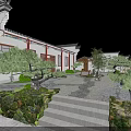 Traditional Chinese Ancient Architecture Courtyard With Stone Pathway Pine Trees And Lanterns