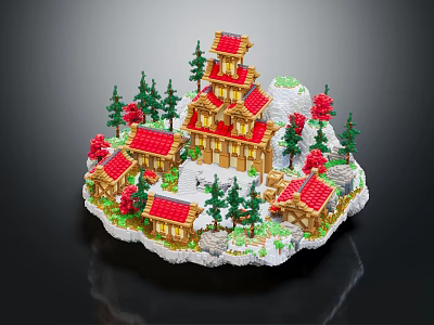 Cartoon Scene With Red Roof Buildings Green Trees Red Flowers On White Island Base 3d model