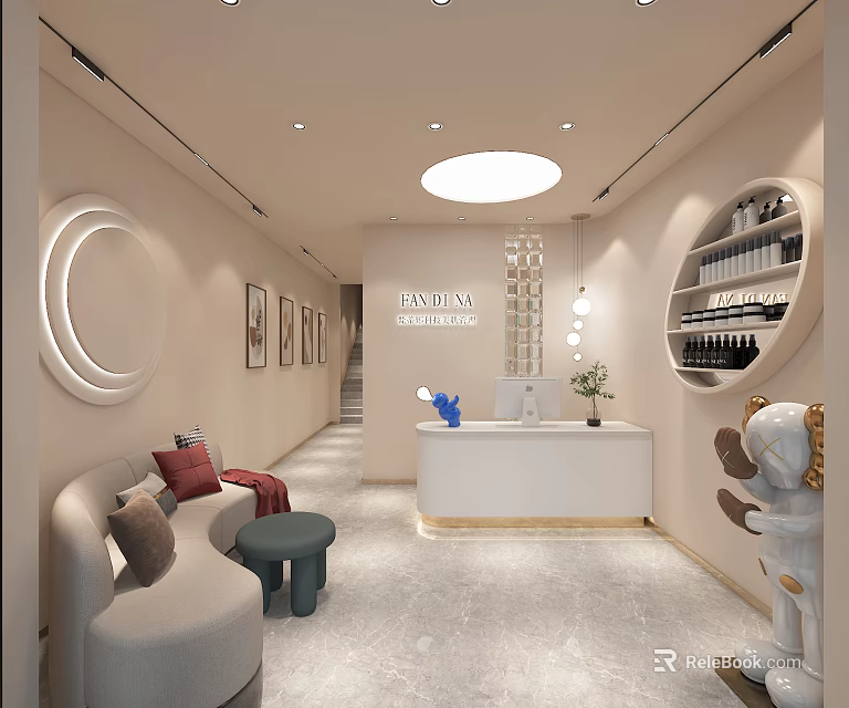 Elegant Beauty Hair Salon Interior With Reception Counter Round Mirror Sofa And Product Shelves 3d model 