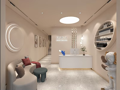 Elegant Beauty Hair Salon Interior With Reception Counter Round Mirror Sofa And Product Shelves 3d model