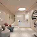Elegant Beauty Hair Salon Interior With Reception Counter Round Mirror Sofa And Product Shelves