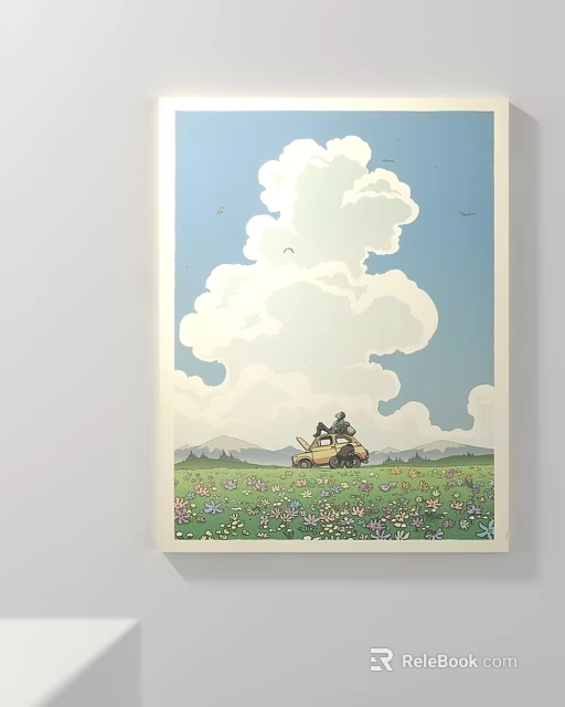 Person Riding Motorcycle Through Colorful Flower Field Under Blue Sky With Clouds And Distant Mountains 3d model 