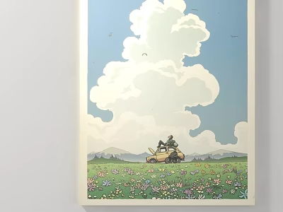 Person Riding Motorcycle Through Colorful Flower Field Under Blue Sky With Clouds And Distant Mountains 3d model