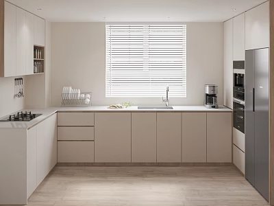 Modern Kitchen Interior With Light Cabinets Countertop Window Blinds And Appliances 3d model