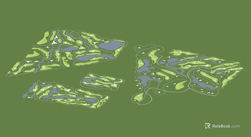 Irregular Green Landscape Layout With Blue Water Features And Curved Design Lines 3d model 